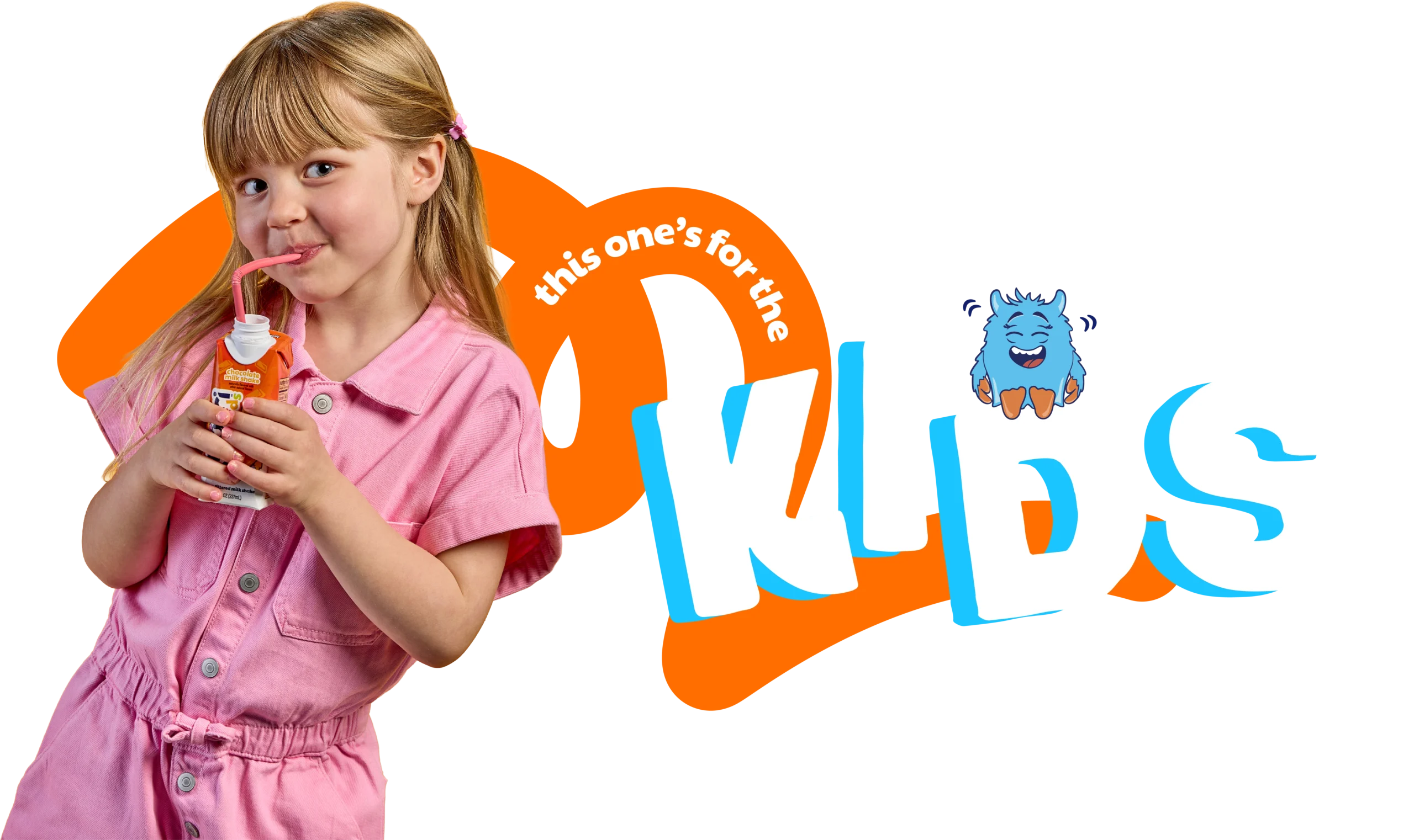 Smiling girl sipping nurri kids over an orange marker background. "This one is for the kids" is in bold text next to the smiling girl
